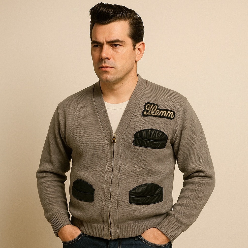 Vintage Skookum Glenn Cardigan 44 Gray Wool Leather Trim‎ Zip Up Varsity Jacket